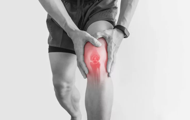 A person in athletic shorts holding a painful knee with both hands, the knee joint highlighted in red