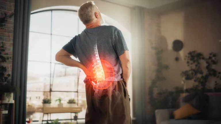 A man standing at a window with a hand on his lower back, with his spine highlighted to show where it hurts