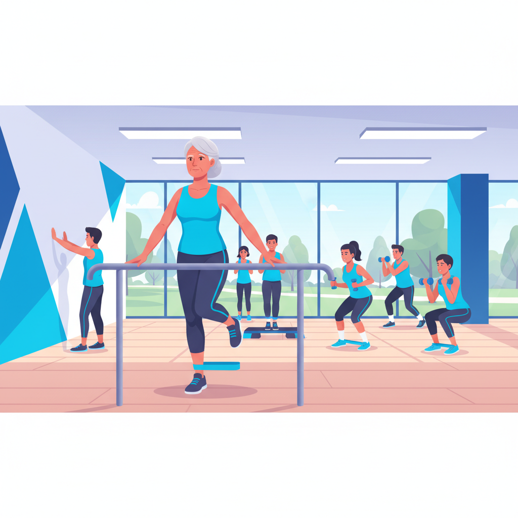 A patient uses a resistance band during fall prevention physical therapy for seniors, guided by a Health and Fitness Professionals physical therapy practitioner.