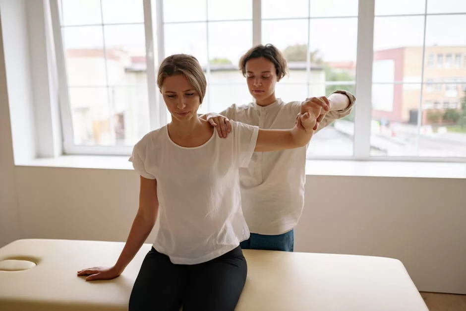 Health and Fitness Team member guides a patient through shoulder exercises on an exam table at their physical therapy Woodbridge NJ office.
