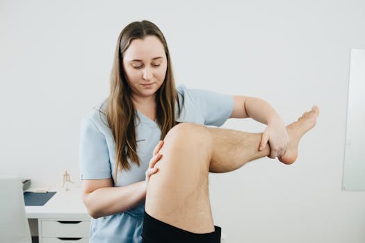 Health and Fitness Team, a physical therapist in Woodbridge NJ, examines a patient's knee during a physical therapy session at Health and Fitness Professionals.