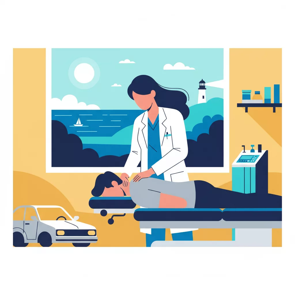 Health and Fitness Team, a car accident chiropractor NJ, assesses a patient's back pain. The patient sits on an exam table in the Health and Fitness Professionals office.